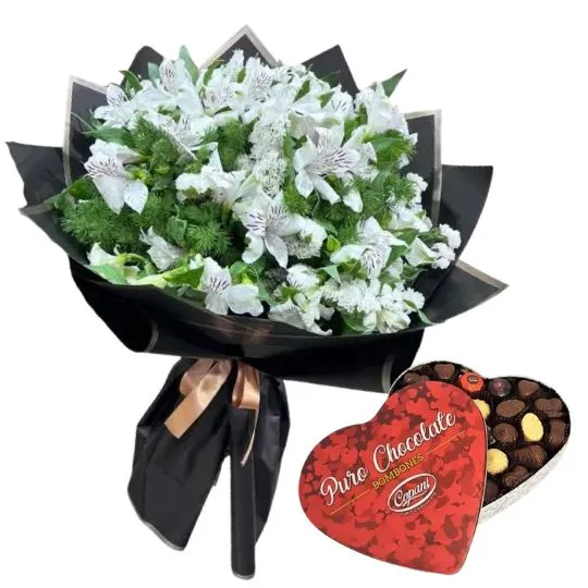 Ramo de flores astromelias blancas con bombones lata corazon 